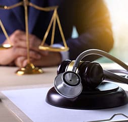 A lawyer's desk with a stethoscope & gavel